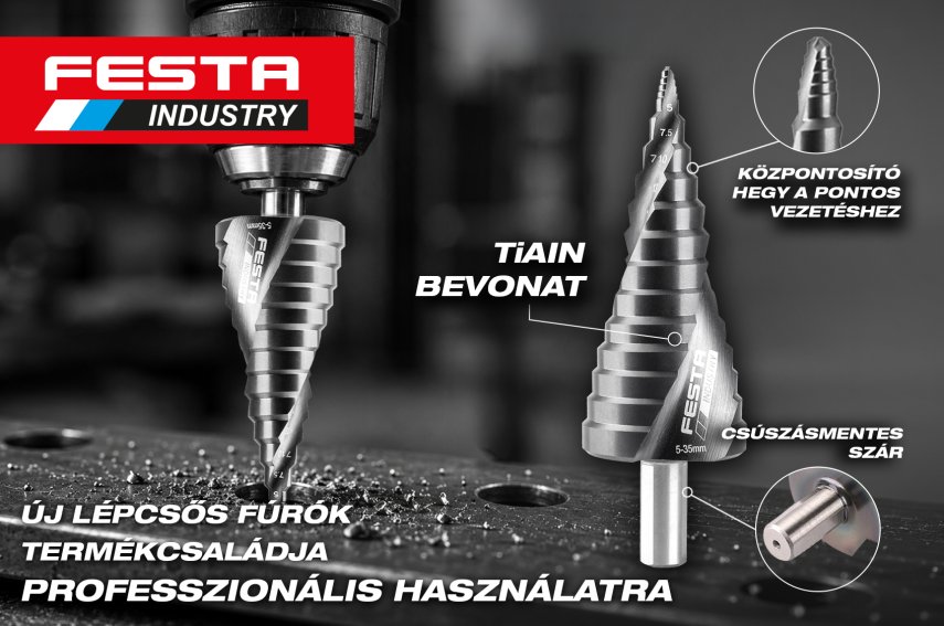 <p>FESTA INDUSTRY professzionális lépcsős fúrók, TiAlN-bevonattal</p>