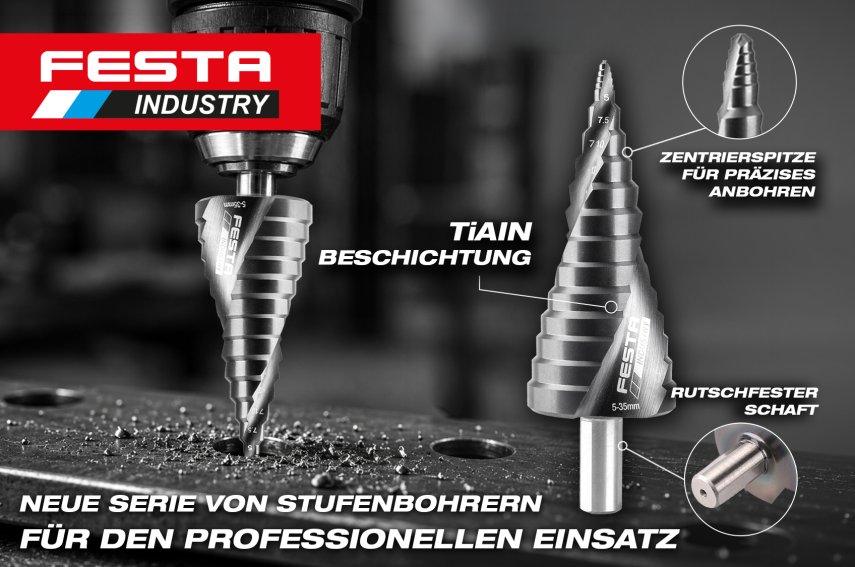<p>Professionelle Stufenbohrer von FESTA INDUSTRY, TiAlN-beschichtet</p>